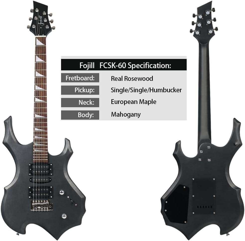 Fojill Heavy Metal Cool Electric Guitar Kit Set Beginner Starter Combo Package Bundle Battery Power Bluetooth 10W Amplifier Amp Accessory Gig Bag,Picks, Cable,Strap,Strings(FCGK-60, Metallic Black)