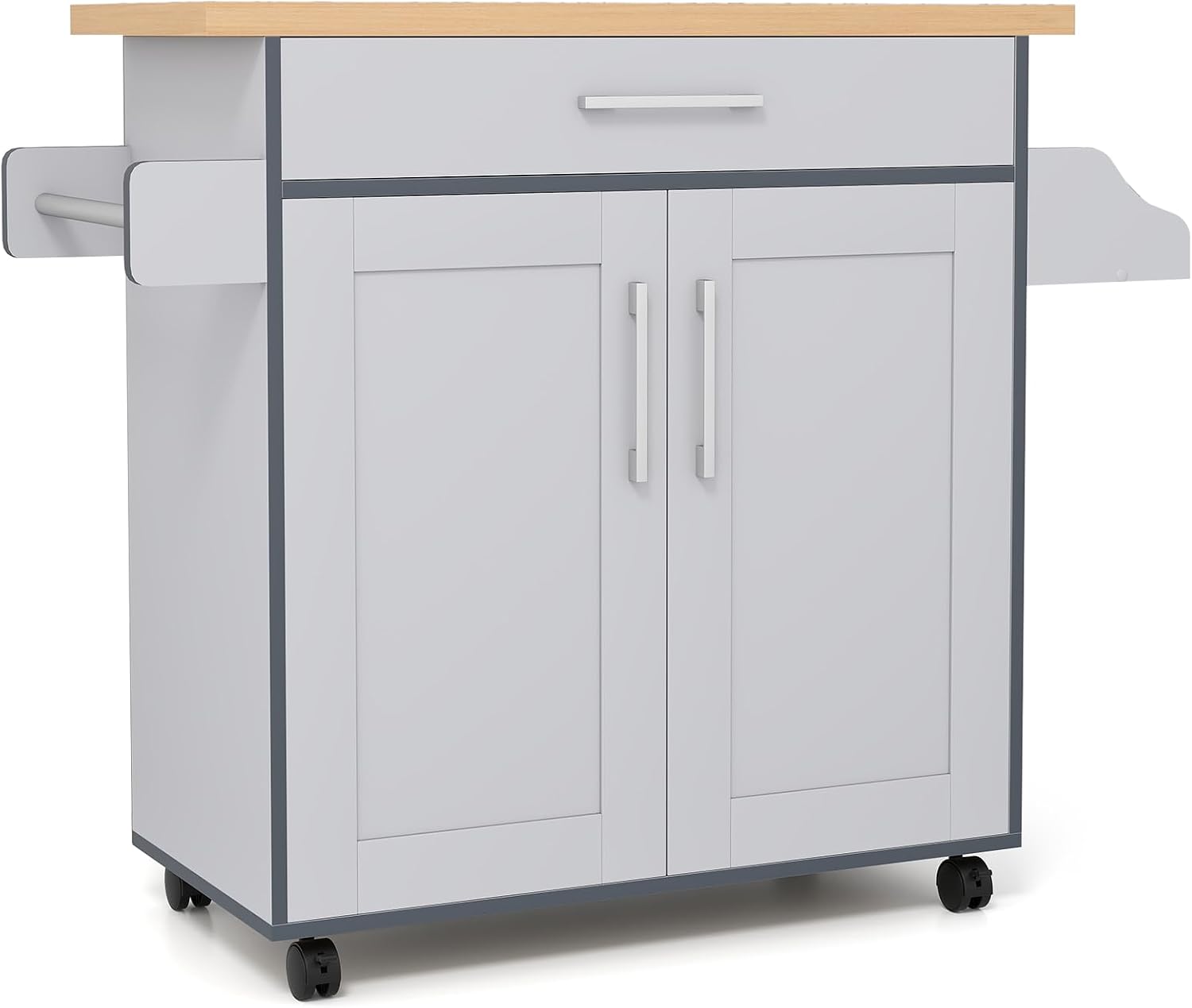 COSTWAY Kitchen Island On Wheels, Rolling Storage Trolley Cart with Large Cabinet, Drawer, Spice Rack and Towel Rack, Kitchen Serving Utility, 3-Position Adjustable Shelf (Grey)