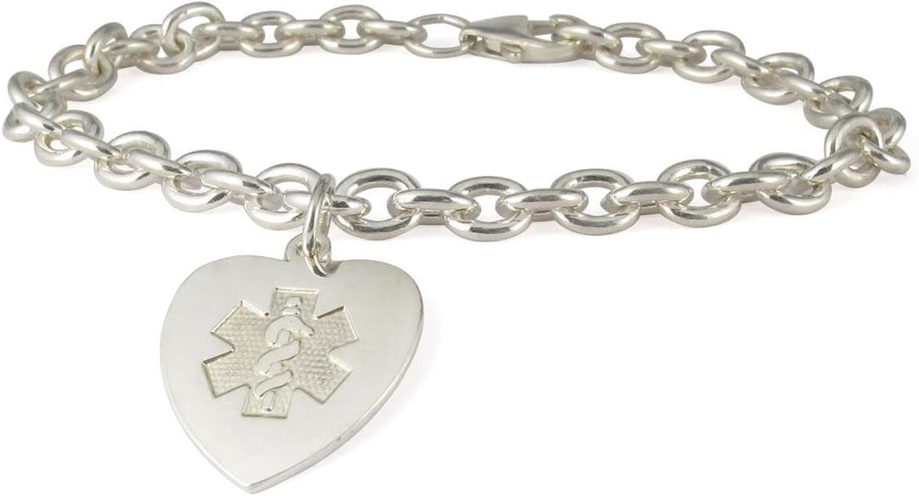 American Medical ID – Sterling Silver Heart Charm Embossed Medical ID Bracelet, for 5.5'- 8.5' wrist – 5 Lines of Free Engraving