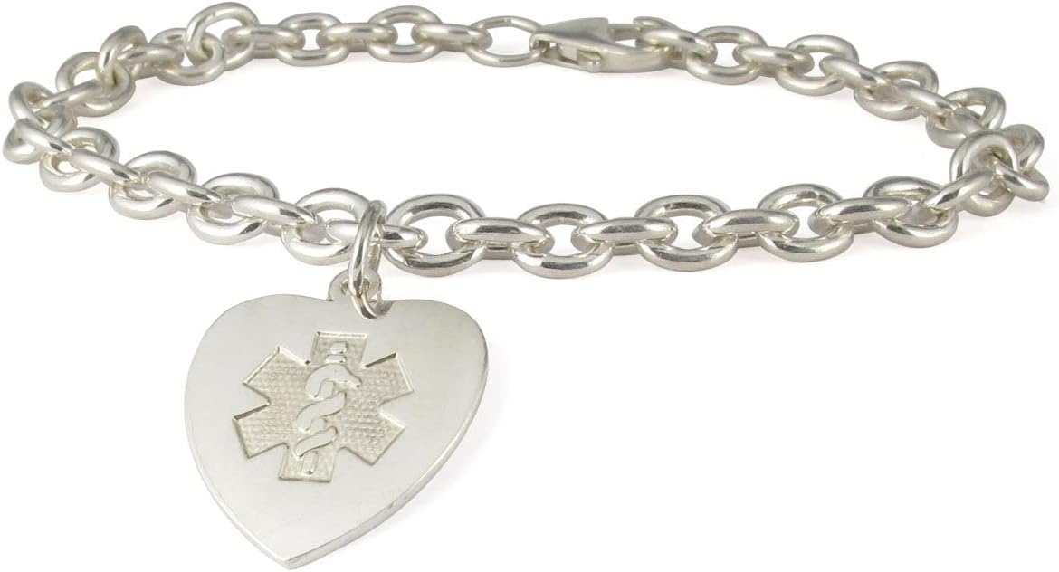 American Medical ID – Sterling Silver Heart Charm Embossed Medical ID Bracelet, for 5.5'- 8.5' wrist – 5 Lines of Free Engraving