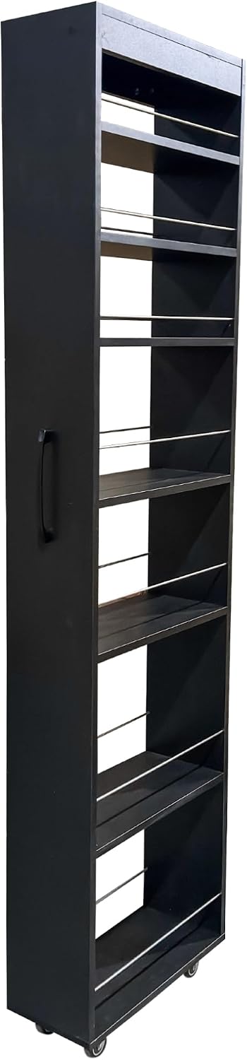 71' Mobile Rolling Design Freestanding Storage Cabinet, Kitchen Storage Bakers Rack with 7-Tier Open Shelves, Utility Food Cupboard with Narrow Space Fit for Kitchen Living Room, Black