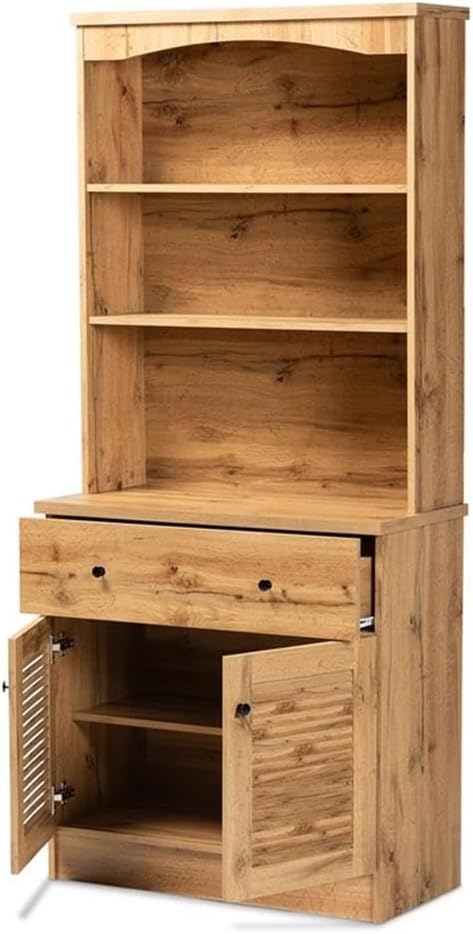 BOWERY HILL Wood Buffet and Hutch, 70.2 in x 31.5 in x 15.75 in, Oak Brown Finish, Engineered Wood Construction, 3 Open Shelves, Drawer and Storage Cabinet, Kitchen or Dining Room Storage Unit