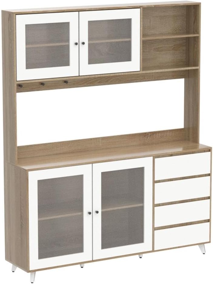 ECACAD Freestanding Kitchen Pantry Storage Cabinet with Glass Doors, Shelves & Drawers, Modern Sideboard Buffet Cabinet, Wood Kitchen Cupboard with Hutch and Hooks, Walnut and White