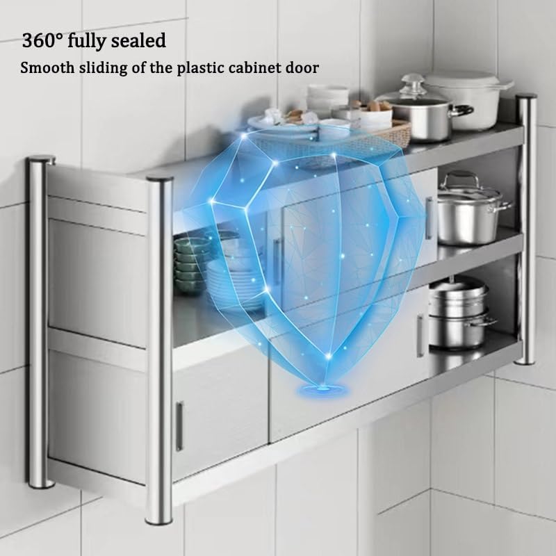 Kitchen Floor Cupboard Tall Storage Cabinet with Flip Doors Adjustable Shelves Kitchen Storage Sideboard with Countertop Free Standing，Heavy Duty Stainless Steel Wall Storage Cabinet, Slidin