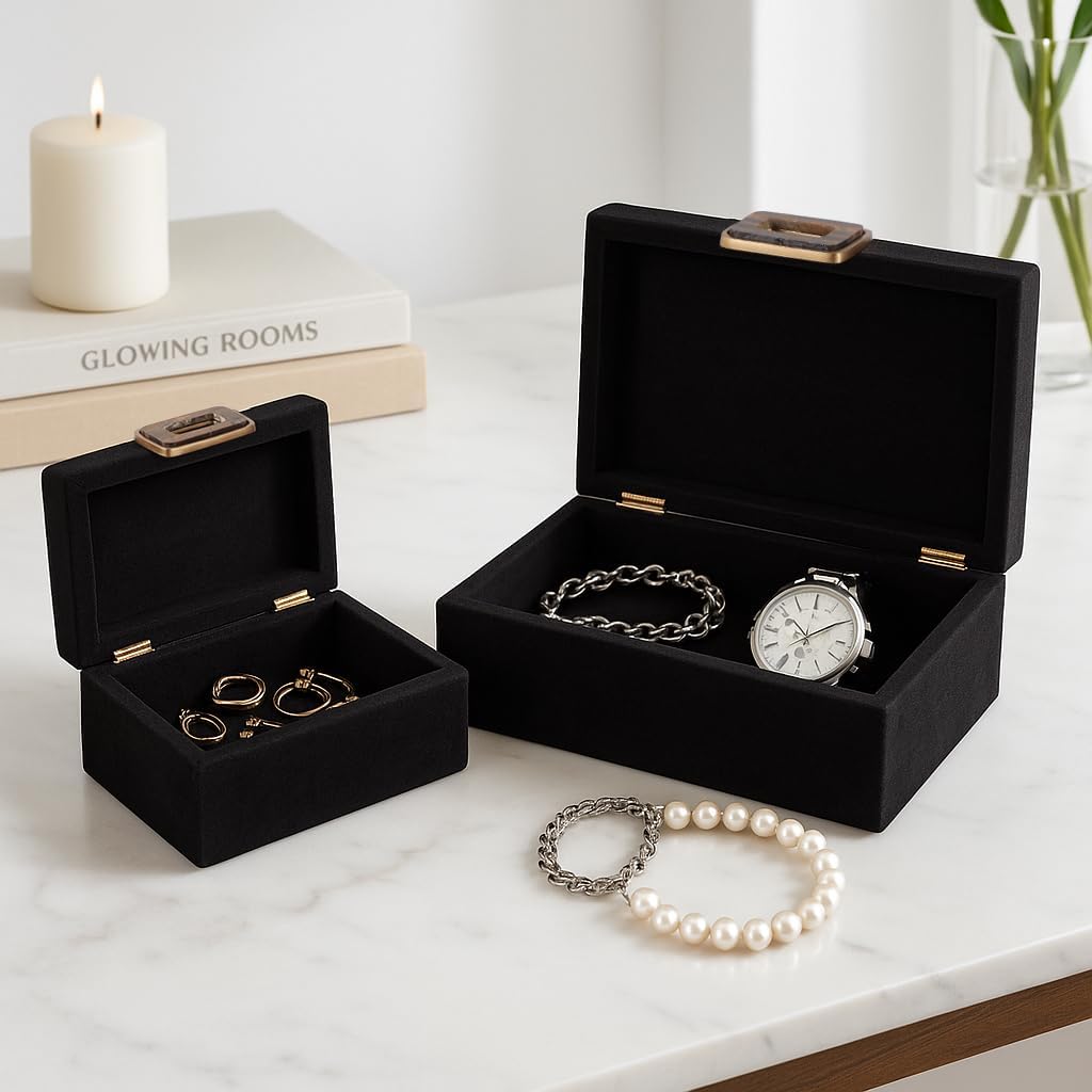 Decorative Boxes with Lid for Home Decor – Modern Storage and Home Organizer - Jewelry Boxes and Keepsake Boxes Perfect for Living Room, Bedroom, or Office Decor; Set of 2 – 5', 4' Black & Gold