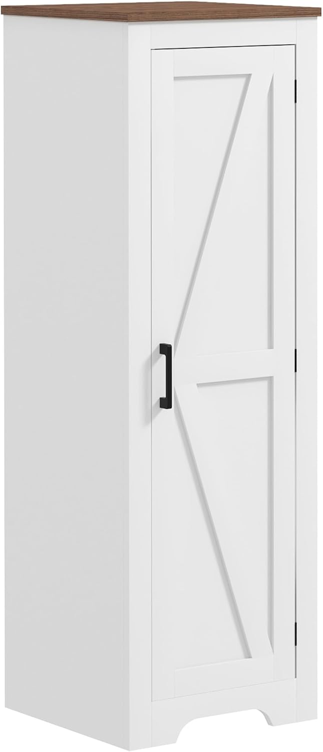 HOMCOM Farmhouse Storage Cabinet with Adjustable Shelf, Single Barn Door Small Bathroom Storage Cabinet for Living Room, Floor Pantry Cabinet, White