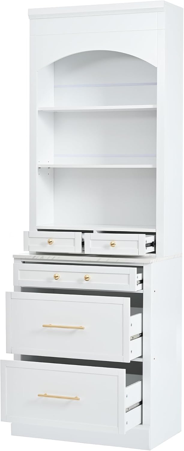 84' Freestanding Storage Cabinet with 5 Drawers, Kitchen Storage Bakers Rack with Faux Marble Top, Utility Food Cupboard with Adjustable Shelf for Kitchen Dining Room, White