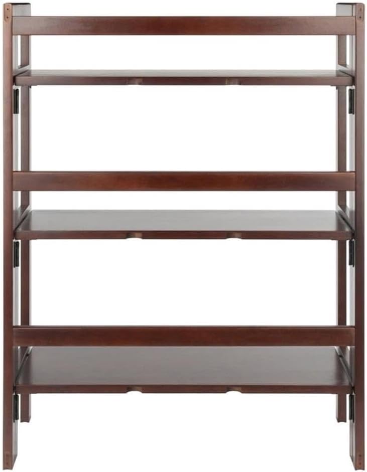 Pemberly Row 3-Tier Solid Wood Folding Book Shelf, Antique Walnut Finish, 38.54 in Height, Transitional Style for Home Office, Bathroom, or Kids Room Storage