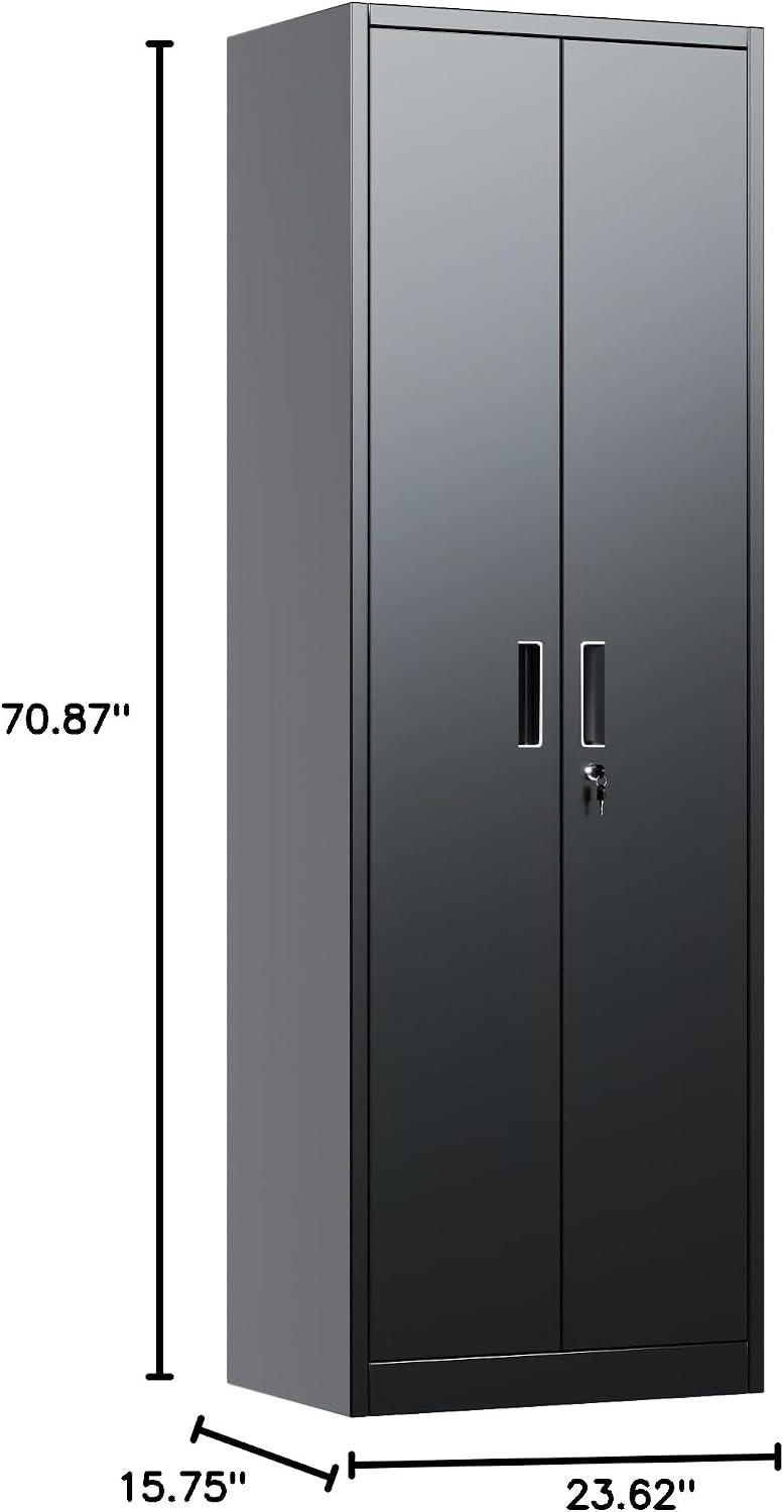 Narrow Metal Garage Storage Cabinet, Lockable Narrow Steel Storage Cabinet with 4 Adjustable Shelves for Garage, Office, Home, Assembly Required, Black, 15.75' D × 23.62' W × 70.87' H
