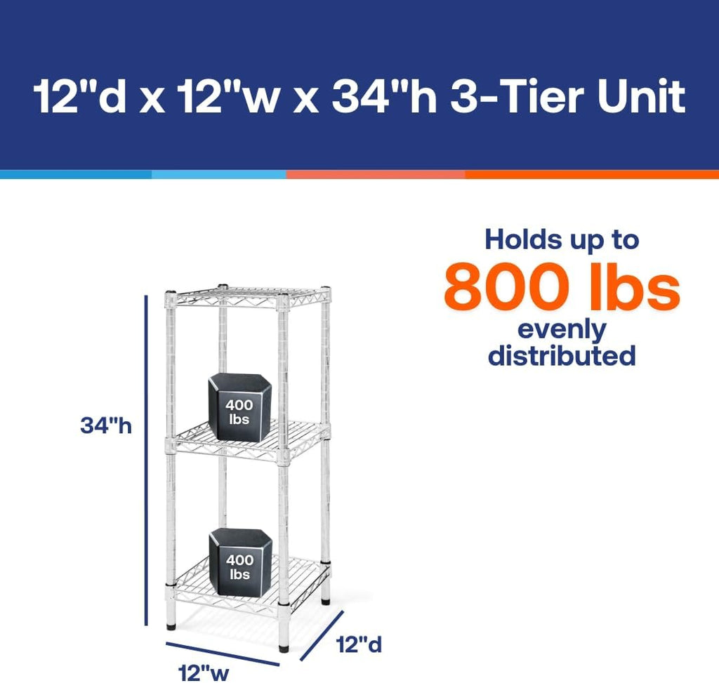 Shelving Inc. 12' d x 12' w Chrome Wire Shelving with 3 Tier Shelves, Weight Capacity 800lbs Per Shelf