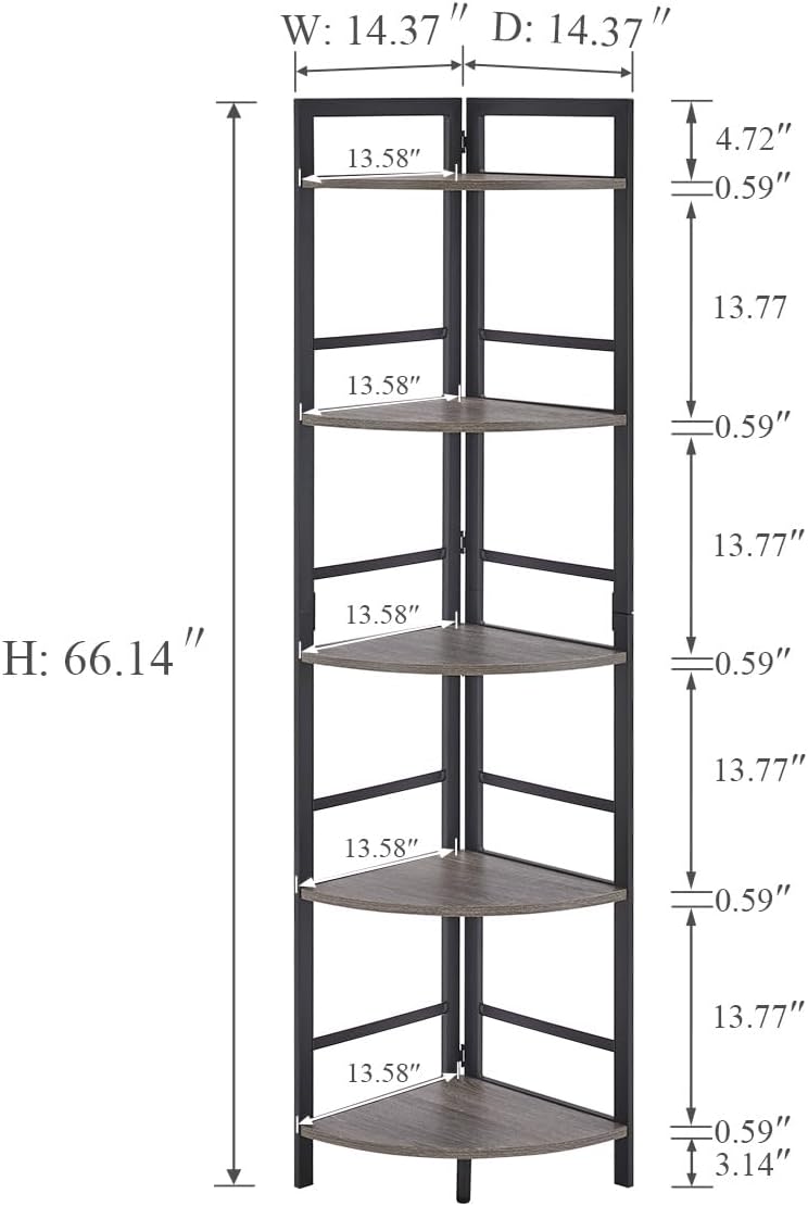 BON AUGURE Rustic Corner Shelf Stand, Tall Industrial Corner Bookshelf, Wood Metal 5 Tier Bookcase Shelves, Display Shelving Unit for Kitchen, Living Room (Dark Grey Oak)