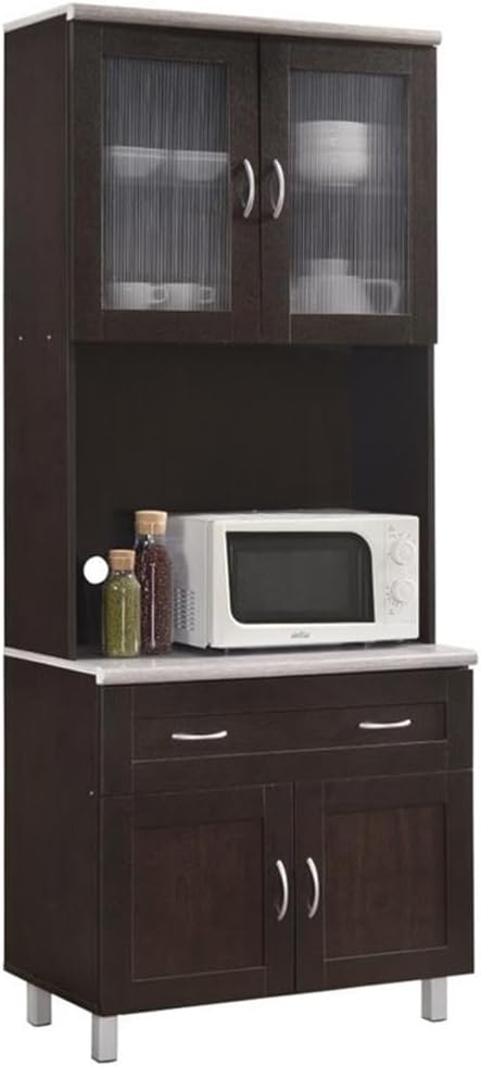 Pemberly Row Tall China Kitchen Cabinet, 32' Wide, Chocolate Gray Finish, Microwave Storage, 79' H x 17' D, Transparent Doors, Drawer, Enclosed Shelves, Wooden Construction for Home or Office Kitchen
