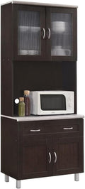 Pemberly Row Tall China Kitchen Cabinet, 32' Wide, Chocolate Gray Finish, Microwave Storage, 79' H x 17' D, Transparent Doors, Drawer, Enclosed Shelves, Wooden Construction for Home or Office Kitchen