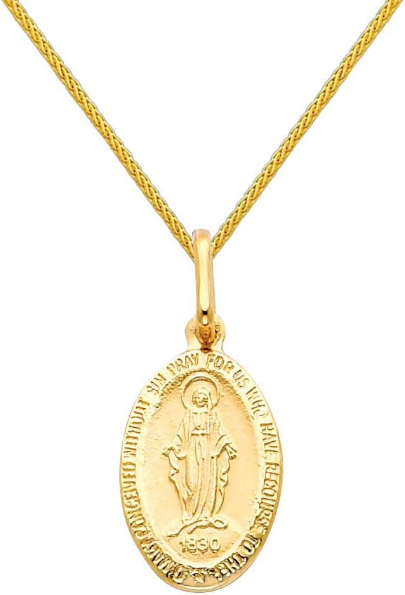 14k Yellow Gold Religious Miraculous Mary Medal Charm Pendant with 0.9mm Braided Wheat Chain Necklace