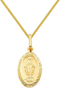 14k Yellow Gold Religious Miraculous Mary Medal Charm Pendant with 0.9mm Braided Wheat Chain Necklace