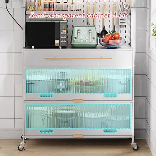 5-Tier Rolling Baker's Rack with Storage - Kitchen Microwave Stand on Wheels, Flip Door Cabinets, Pegboard, Tall Pantry Cabinet with Drawer, Black, 80cm/31.4in
