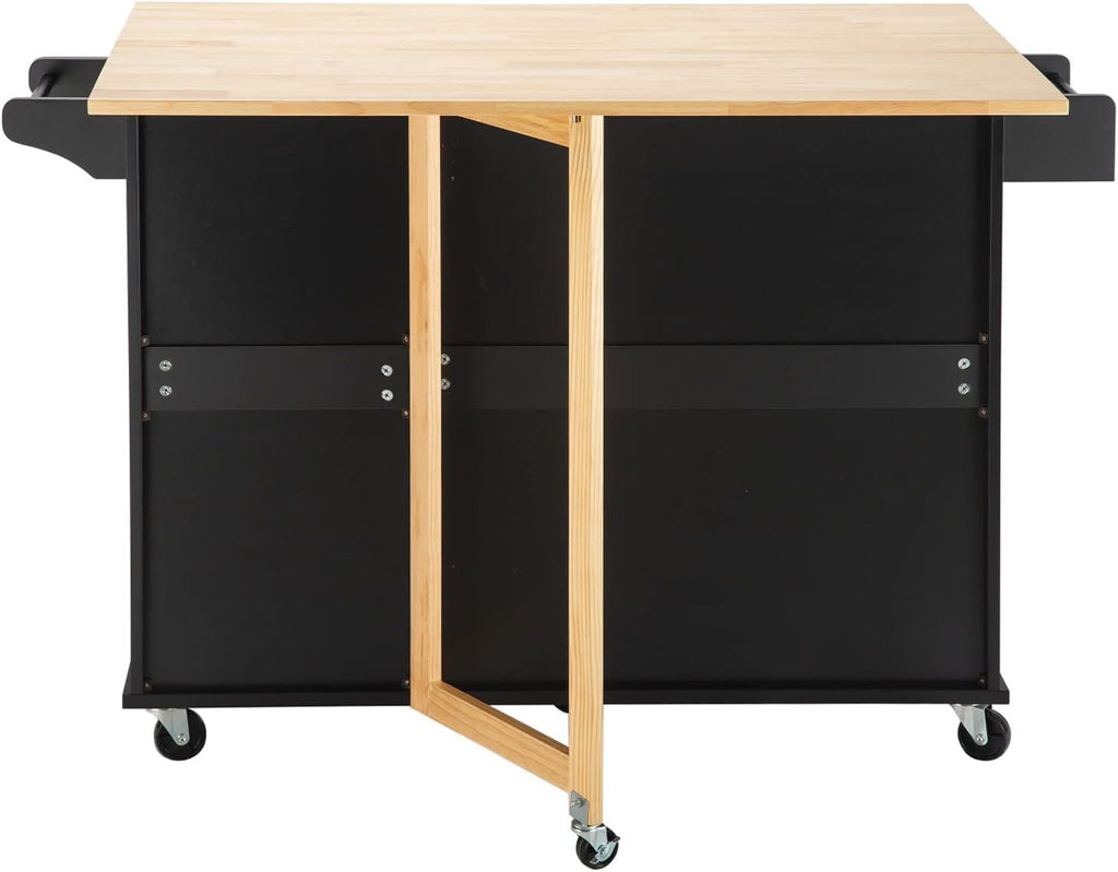 Kitchen Island with Extensible Rubber Wood Table Top Kitchen Bar Serving Cart Mobile Microwave Cart with Spice Rack and Handle Large Trolley Cart Kitchen Bakers Rack with Drawer and Storage Cabinet