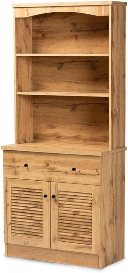 BOWERY HILL Wood Buffet and Hutch, 70.2 in x 31.5 in x 15.75 in, Oak Brown Finish, Engineered Wood Construction, 3 Open Shelves, Drawer and Storage Cabinet, Kitchen or Dining Room Storage Unit
