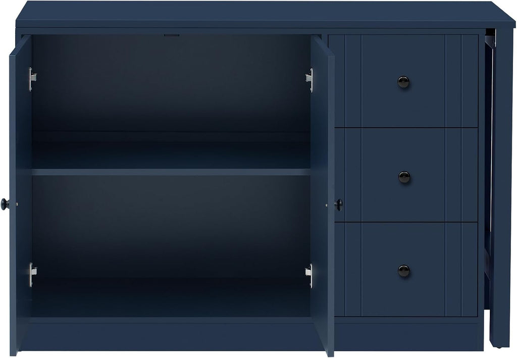 90' Extendable Freestanding Storage Cabinet, Kitchen Storage Bakers Rack with Adjustable Shelf, Utility Food Cupboard with Silent Drawers for Kitchen and Living Room, Navy Blue