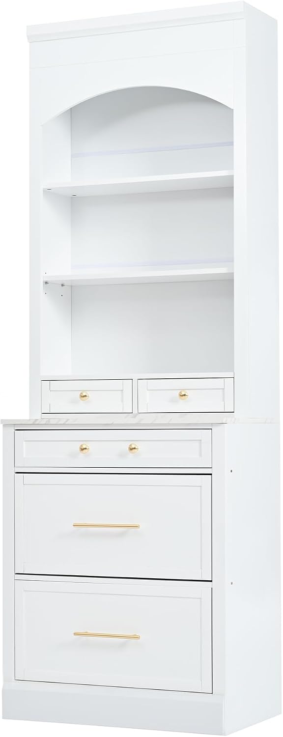 84' Freestanding Storage Cabinet with 5 Drawers, Kitchen Storage Bakers Rack with Faux Marble Top, Utility Food Cupboard with Adjustable Shelf for Kitchen Dining Room, White