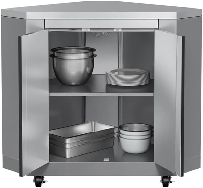 Pemberly Row 26-Inch Stainless Steel Corner Cabinet, Durable Outdoor Kitchen Storage for Grilling Tools and Essentials, Sleek Design, Modular Backyard Patio BBQ Organization
