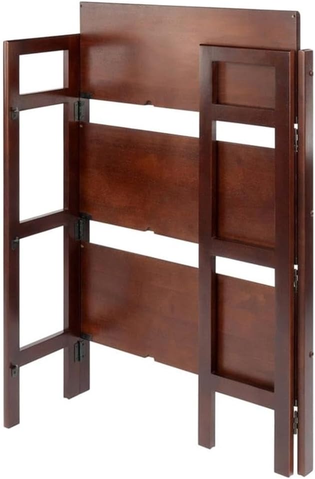 Pemberly Row 3-Tier Solid Wood Folding Book Shelf, Antique Walnut Finish, 38.54 in Height, Transitional Style for Home Office, Bathroom, or Kids Room Storage