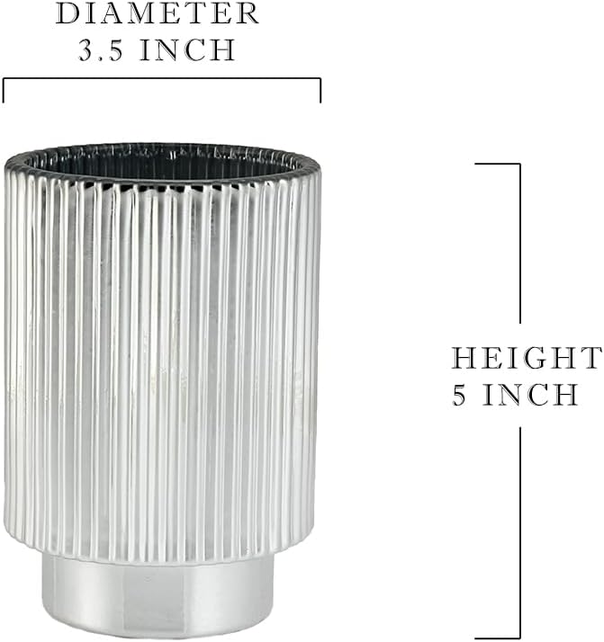 Serene Spaces Living Silver Ribbed Pedestal Glass Votive Holder, Table Centerpiece, Home, Office, Wedding, Birthday, Holiday & Special Events Decor, 3.5' Diameter & 5' Tall, Pack of 24