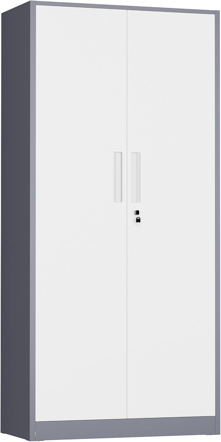 INTERGREAT Metal Storage Cabinet with Lock, 63' H Metal Cabinets Storage with 2 Doors and 4 Adjustable Shelves, Locking Garage Cabinet for Home Office, Kitchen, Bathroom (White Grey)