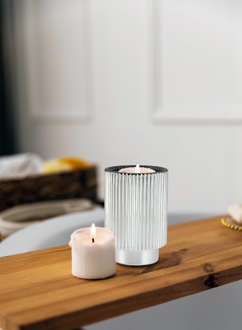 Serene Spaces Living Silver Ribbed Pedestal Glass Votive Holder, Table Centerpiece, Home, Office, Wedding, Birthday, Holiday & Special Events Decor, 3.5' Diameter & 5' Tall, Pack of 24