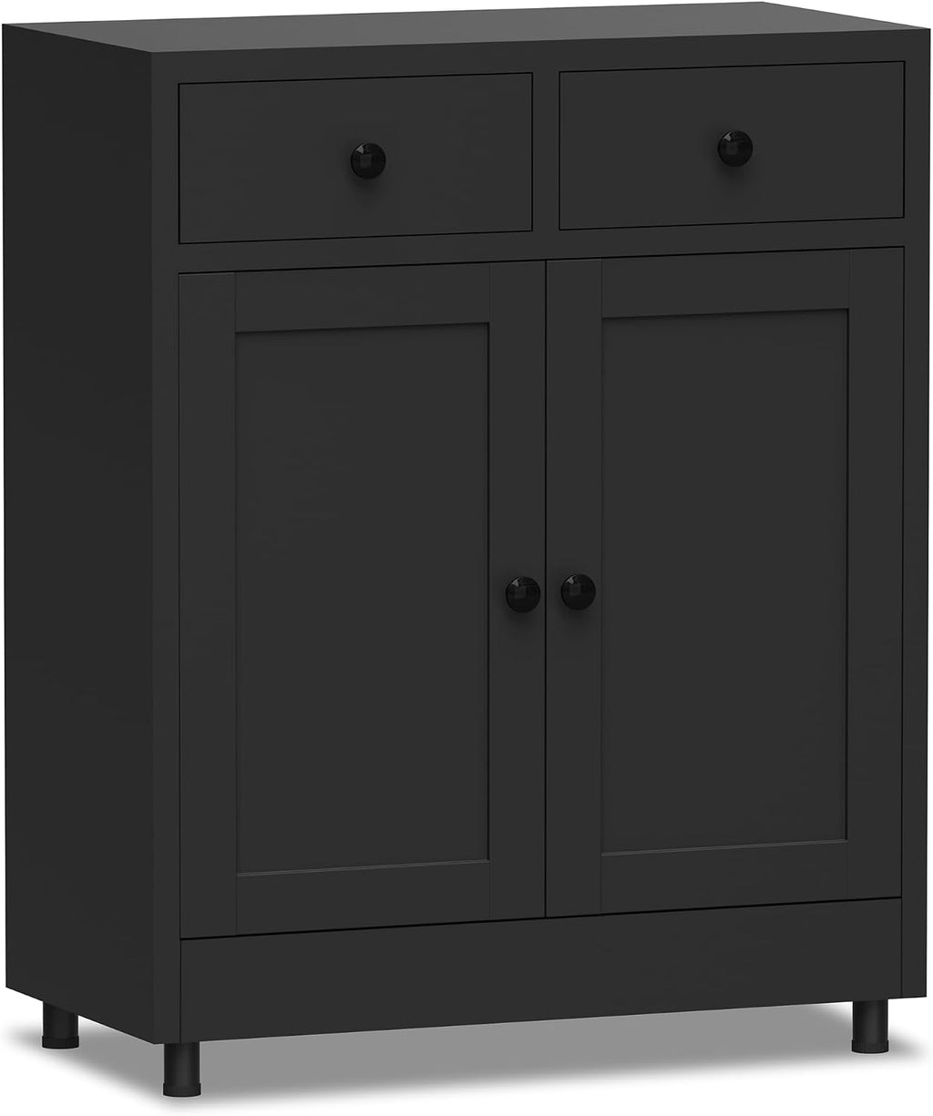 Metal Storage Cabinet with 2 Drawers and Adjustable Shelf, Sideboard Buffet Cabinet for Home, Office, Hallway, Entryway, Living Room, Kitchen Pantry and Dining Room (Black)