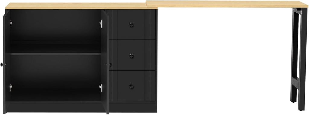 90' Extendable Freestanding Storage Cabinet, Kitchen Storage Bakers Rack with Adjustable Shelf, Utility Food Cupboard with Silent Drawers for Kitchen and Living Room, Black+Natural