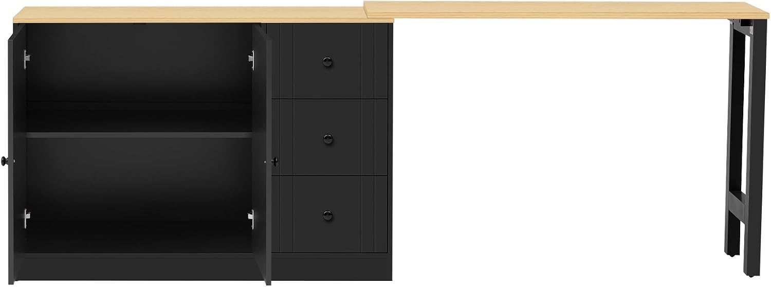 90' Extendable Freestanding Storage Cabinet, Kitchen Storage Bakers Rack with Adjustable Shelf, Utility Food Cupboard with Silent Drawers for Kitchen and Living Room, Black+Natural
