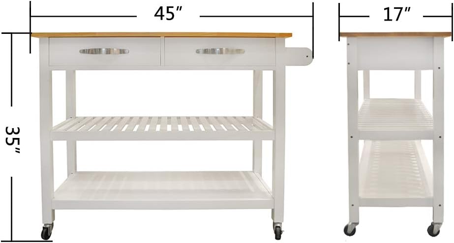 Kitchen Island 45' Rolling Kitchen Island Cart On Wheels with 2 Drawer and Towl Rack 3 Tiers Rolling Utility Cart with Solid Wood Top Serving Trolley for Dining Room White
