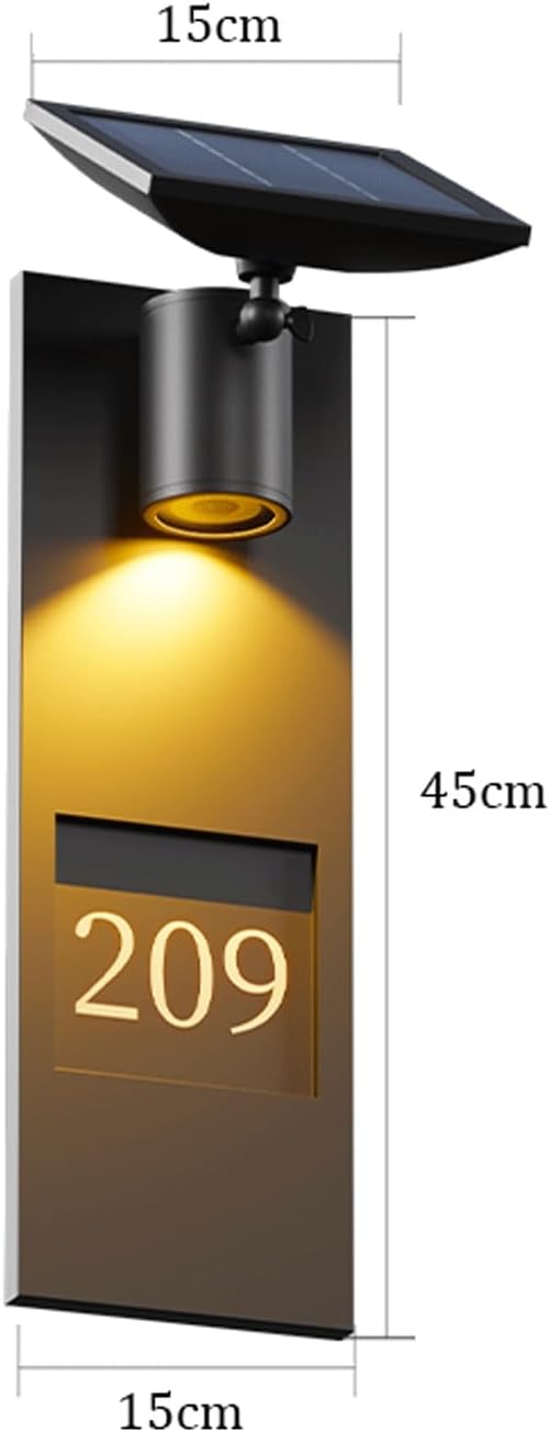 Modern Outdoor LED Solar Wall Light, Black Stainless Steel Address House Number Sconce Lamp, IP65 Waterproof Exterior Mounted Fixture Dusk to Dawn for Villa, Garden, Patio, Porch, Entry