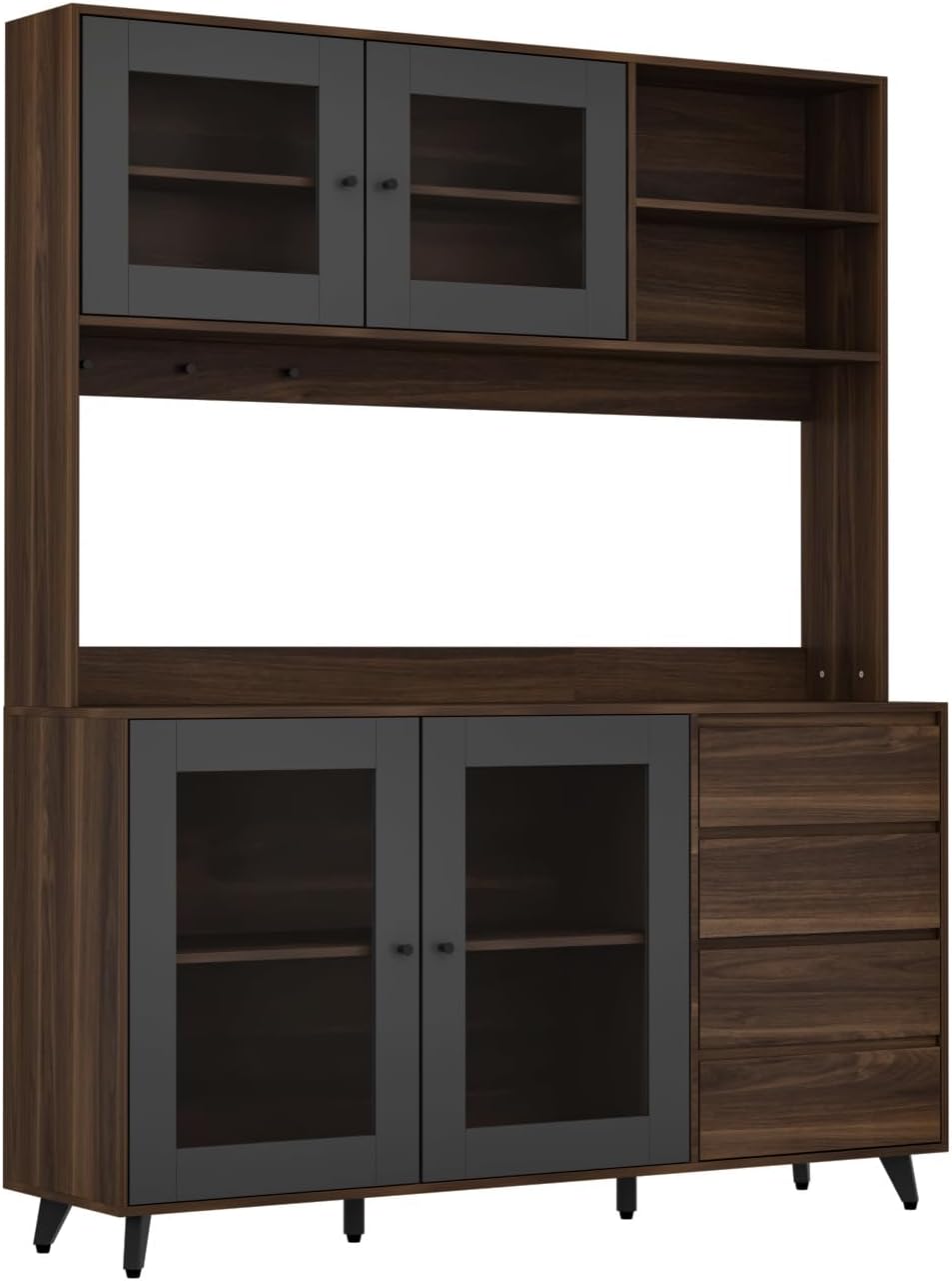 FUFU&GAGA 74.8' Tall Kitchen Pantry Cabinet with 4 Drawers, 4 Doors & Microwave Stand, Freestanding Hutch Cabinet with Buffet Cupboard for Kitchen, Dinningroom, Black and Brown
