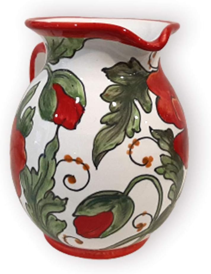 Italian Ceramic Pitcher Poppies - 16 oz Hand Painted Utensil Holder Or Carafe Design for Kitchen - Made in ITALY Tuscany - Italian Pottery Vase Jar for Wine - Home Decor Ceramics Dispenser