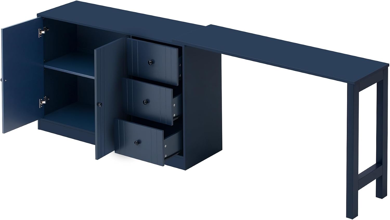 90' Extendable Freestanding Storage Cabinet, Kitchen Storage Bakers Rack with Adjustable Shelf, Utility Food Cupboard with Silent Drawers for Kitchen and Living Room, Navy Blue