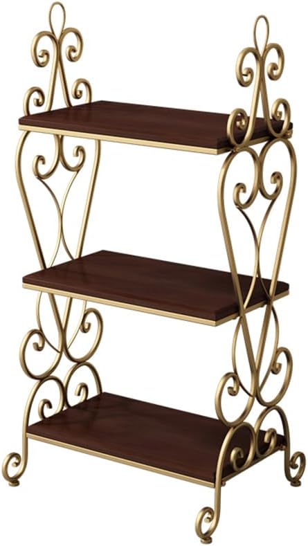 3-Tier Plant Shelf for Indoor,Rustic Wood Bookcase Shelf with Metal Frame,Rustic Storage Rack with Open Shelves for Living Room Bedroom and Balcony (Gold Frame+ Brown Shelf)