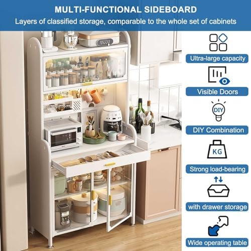 Kitchen Floor Cupboard Tall Storage Cabinet with Flip Doors Adjustable Shelves Kitchen Storage Sideboard with Countertop Free Standing，Tall Black Kitchen Baker's Rack - 5-Tier Storage with A