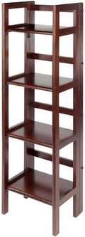 Pemberly Row 4-Tier Transitional Solid Wood Folding Book Shelf, Antique Walnut Finish, 51 in Tall Open Design, Space-Saving Storage for Office, Kids Room, Bathroom, or Living Room