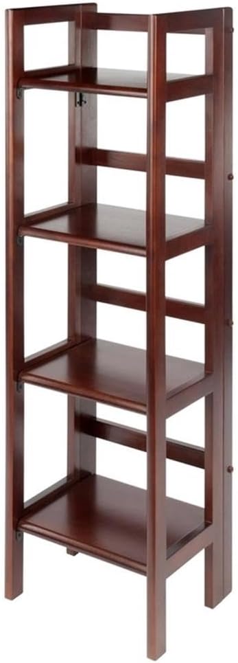 Pemberly Row 4-Tier Transitional Solid Wood Folding Book Shelf, Antique Walnut Finish, 51 in Tall Open Design, Space-Saving Storage for Office, Kids Room, Bathroom, or Living Room