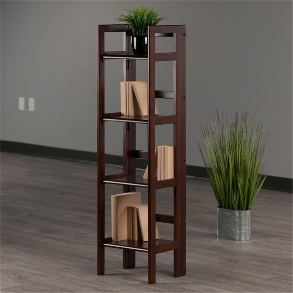 Pemberly Row 4-Tier Transitional Solid Wood Folding Book Shelf, Antique Walnut Finish, 51 in Tall Open Design, Space-Saving Storage for Office, Kids Room, Bathroom, or Living Room