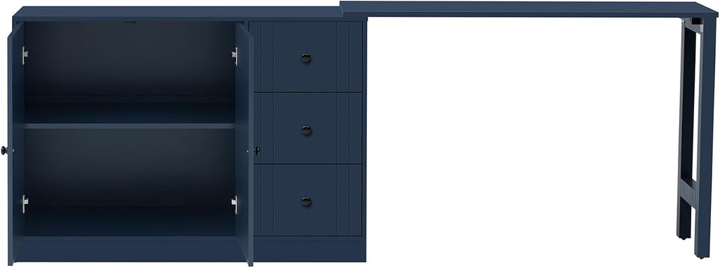 90' Extendable Freestanding Storage Cabinet, Kitchen Storage Bakers Rack with Adjustable Shelf, Utility Food Cupboard with Silent Drawers for Kitchen and Living Room, Navy Blue