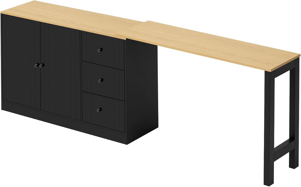 90' Extendable Freestanding Storage Cabinet, Kitchen Storage Bakers Rack with Adjustable Shelf, Utility Food Cupboard with Silent Drawers for Kitchen and Living Room, Black+Natural