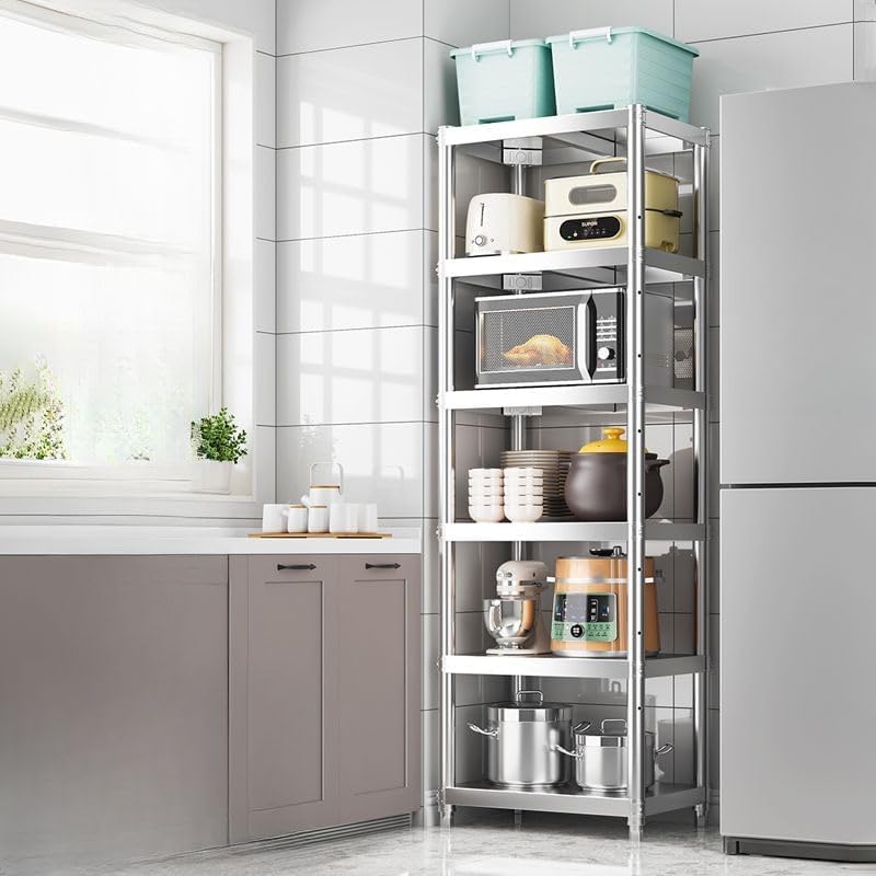 Stand with Storage 5-Tier, Corner Baker's Rack, Corner Shelf Stand Kitchen Shelf Organizer with Stainless Stee in Silver for Kitchen Home Organizer (20' L x 12' W x 61' H)