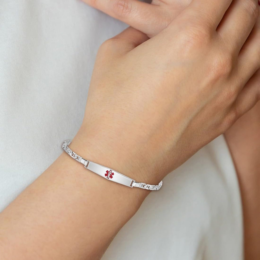 JewelryWeb 925 Sterling Silver Polished Medical ID Nautical Ship Mariner Anchor Link Bracelet Lobster Claw Identification Bracelet for Women