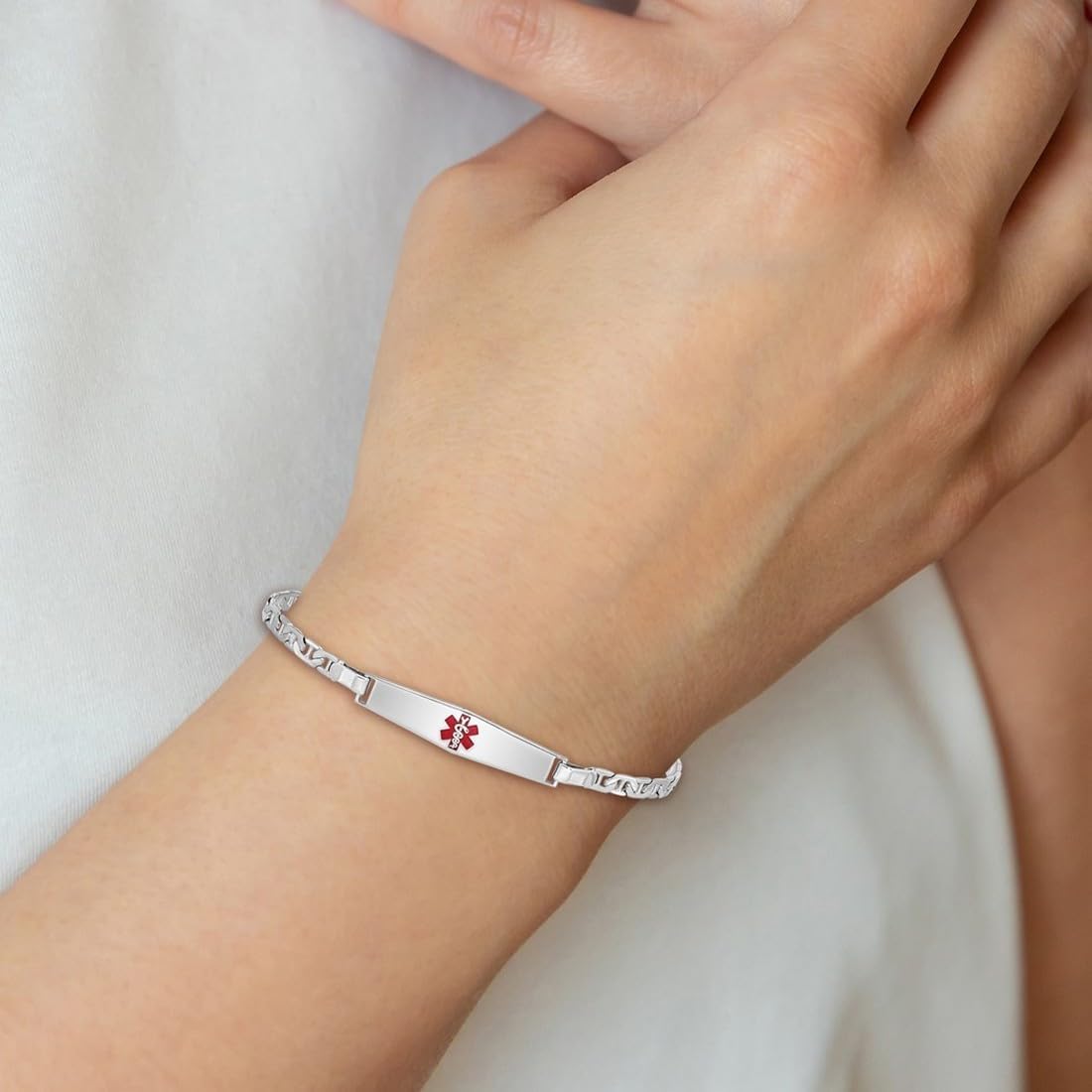 JewelryWeb 925 Sterling Silver Polished Medical ID Nautical Ship Mariner Anchor Link Bracelet Lobster Claw Identification Bracelet for Women