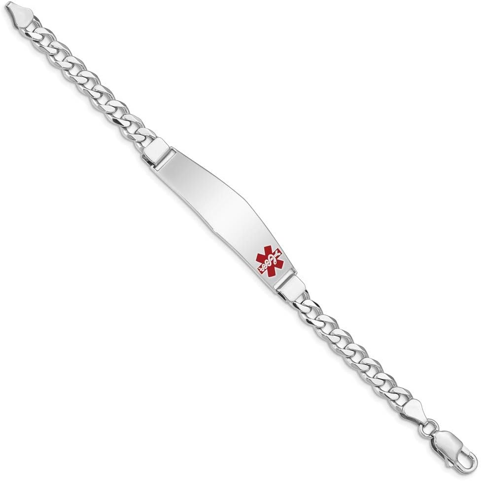Solid 925 Sterling Silver Enamel Engravable Identification Name Bar Tag RN Registered Nurse Caduceus Symbol Medical ID Curb Cuban Link Emergency Alert Bracelet - with Secure Lobster Lock Clasp 7'