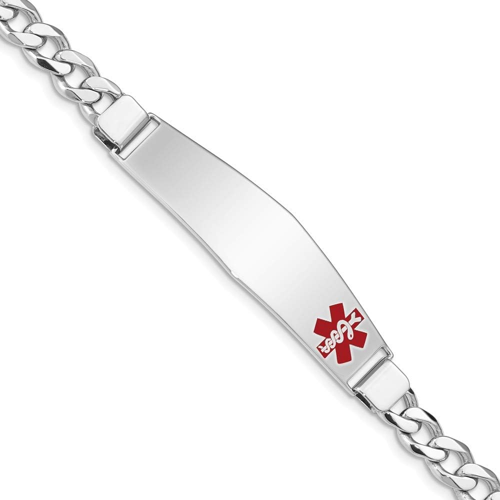 Solid 925 Sterling Silver Enamel Engravable Identification Name Bar Tag RN Registered Nurse Caduceus Symbol Medical ID Curb Cuban Link Emergency Alert Bracelet - with Secure Lobster Lock Clasp 7'