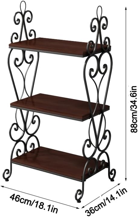 3-Tier Plant Shelf for Indoor,Rustic Wood Bookcase Shelf with Metal Frame,Rustic Storage Rack with Open Shelves for Living Room Bedroom and Balcony (Black Frame+ Brown Shelf)